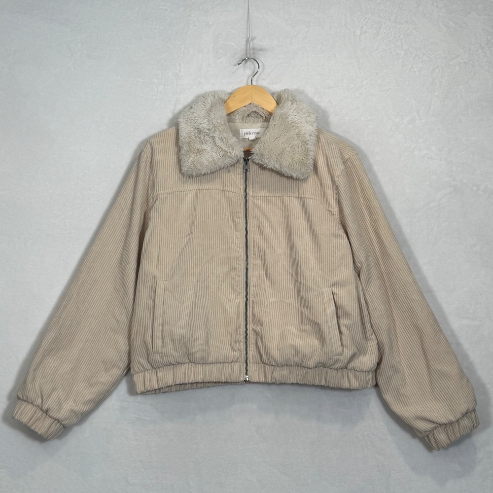 Pink Rose Beige Corduroy Faux Fur Collar Bomber Jacket XL